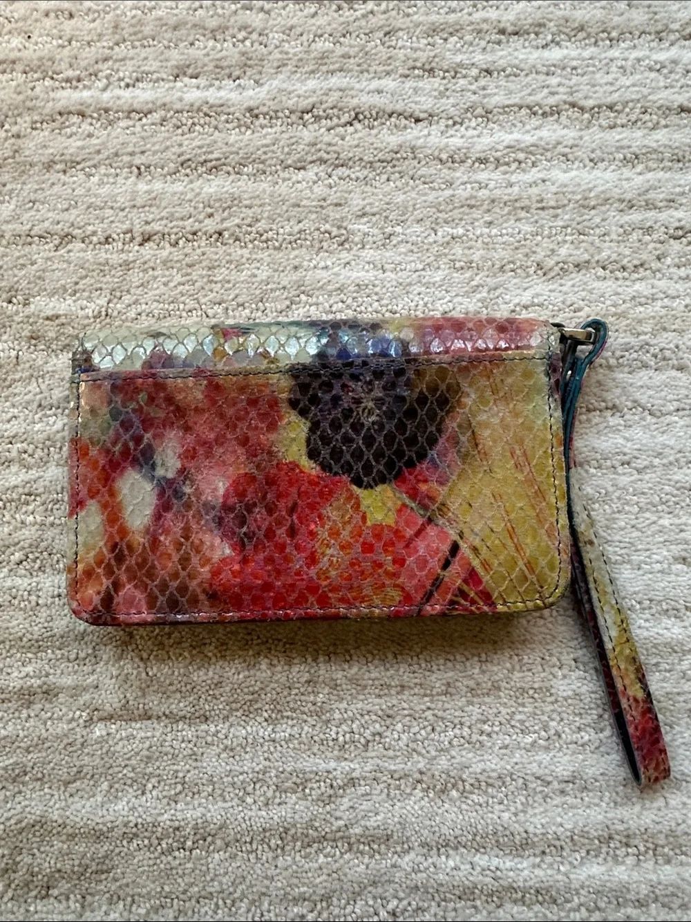 Hobo International Leather Wristlet Wallet Snakeskin Embossed Floral Multicolor
